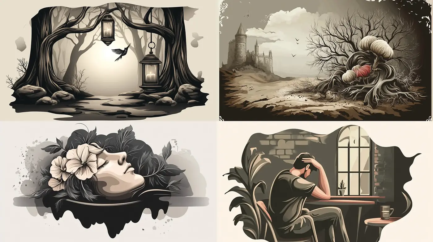 Sombre Monotone Contours with a Surreal and Poetic Essence - Midjourney sref style