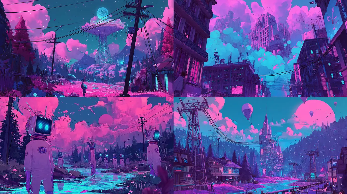 Vibrant Retro-Futuristic Landscapes with Dreamlike Qualities - Midjourney sref style