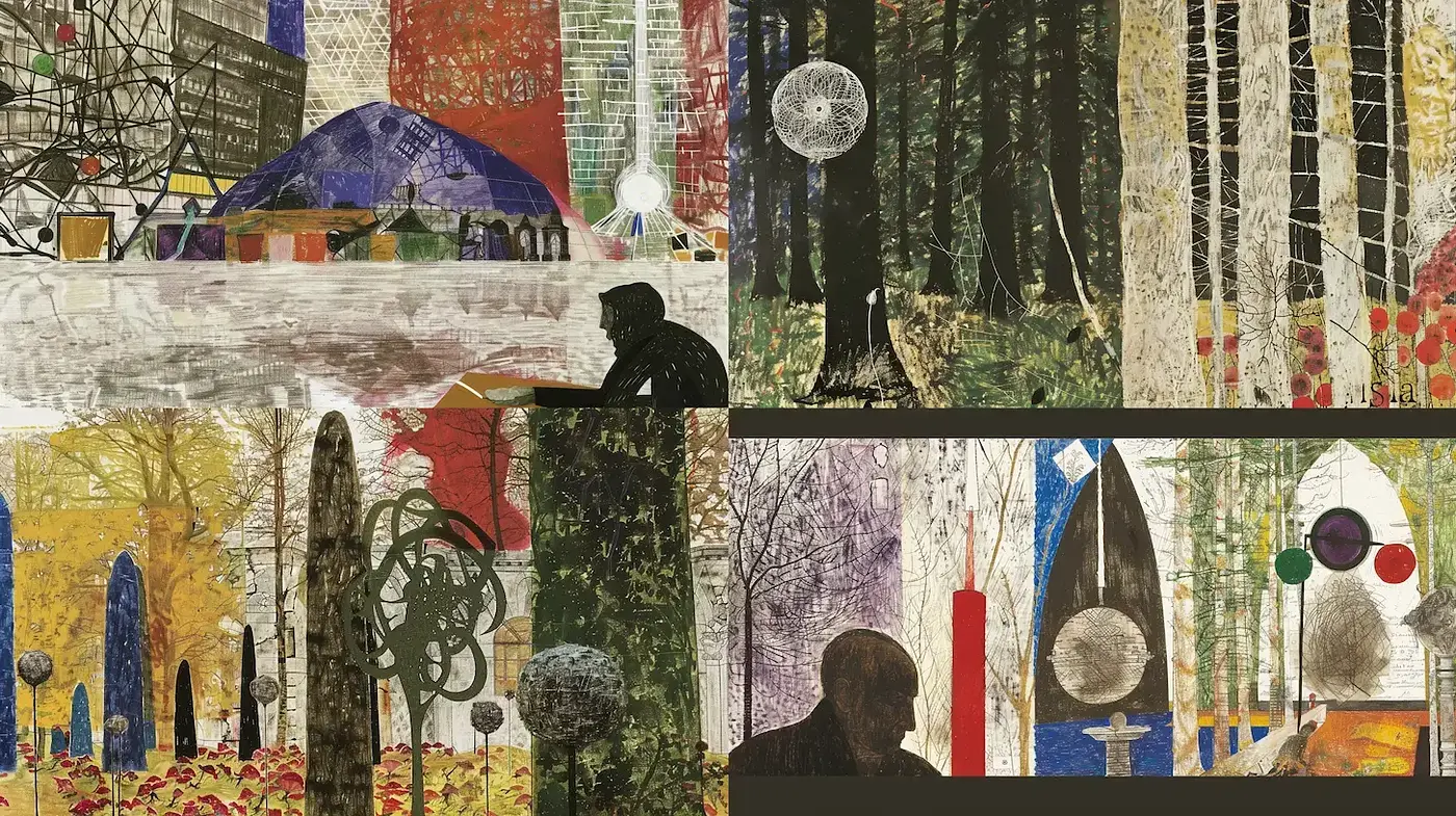 Collage of Textured Abstraction in a Lyrical Forest - Midjourney sref style