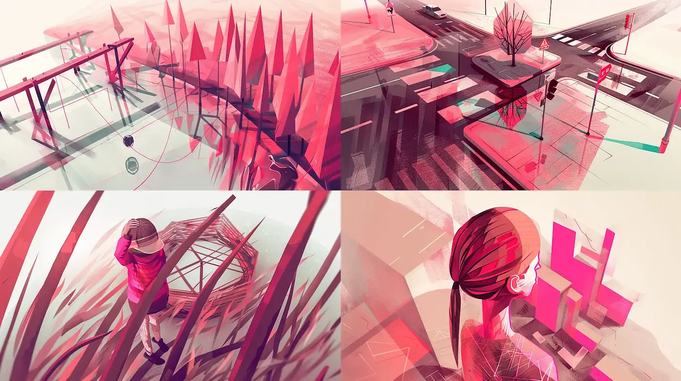 Dynamic and Minimalist Geometric Depictions with a Monochromatic Palette - Midjourney sref style