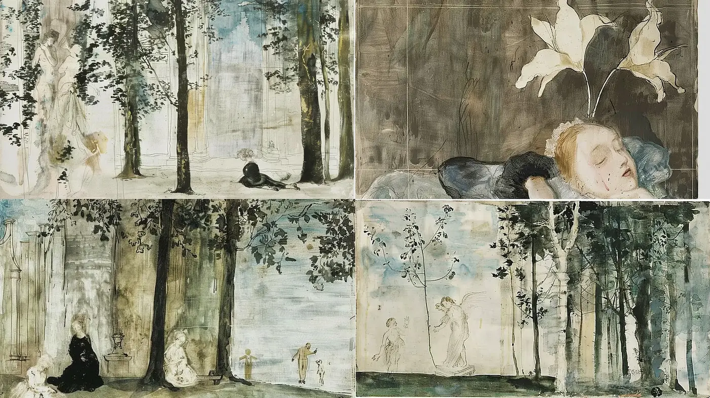 Ethereal Forest Dreams in Sepia and Aquamarine - Midjourney sref style