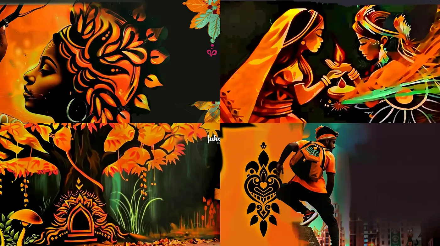 Fiery Tones and Silhouetted Forms: A Harmonious Blend of Vigor and Mystique - Midjourney sref style