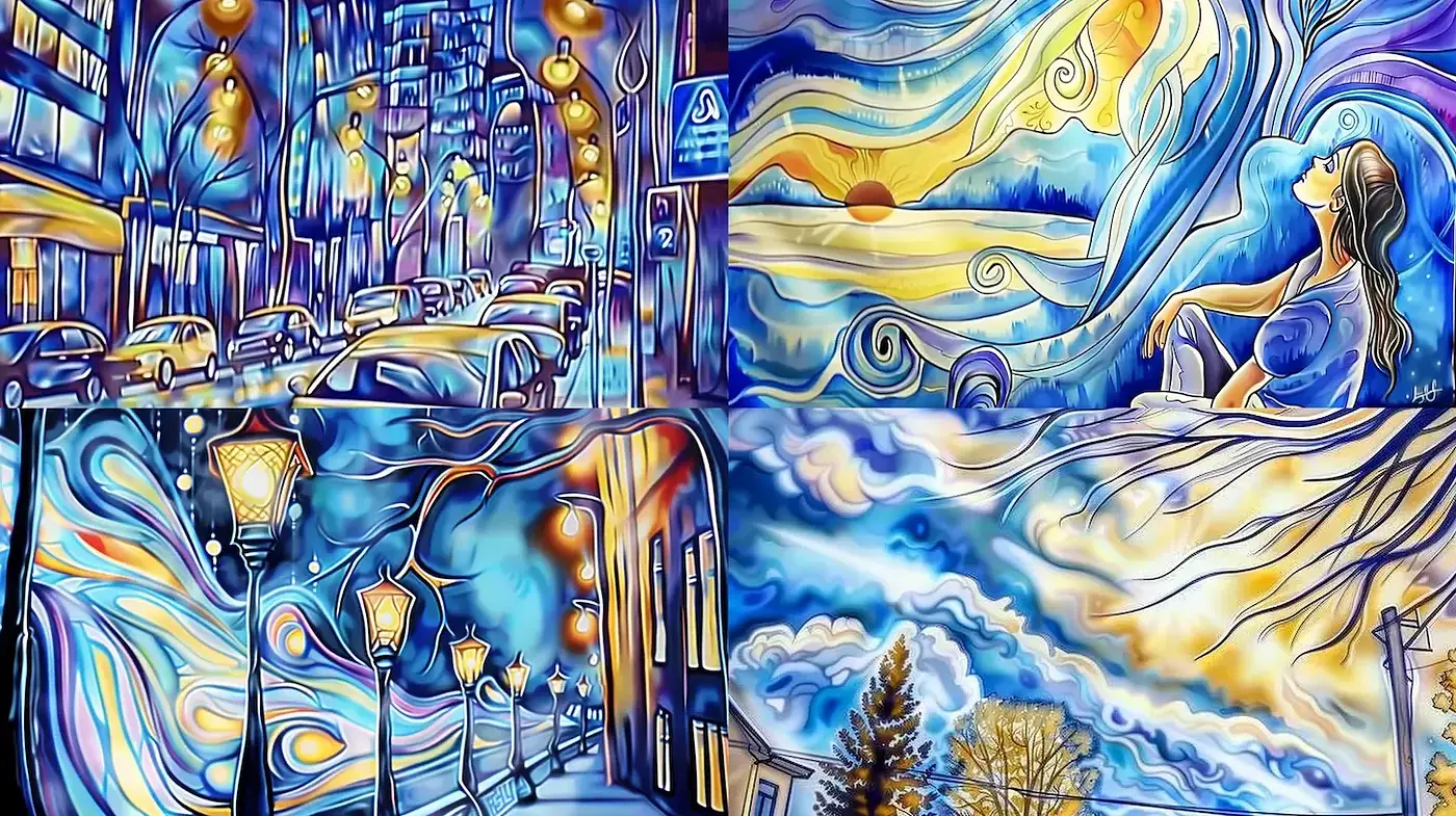 Vibrant Expressionism with Fluid Dynamics and Dreamlike Elements - Midjourney sref style