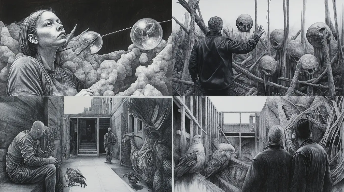 Monochromatic Surrealist Dreamscape with Detailed Graphite Textures - Midjourney sref style