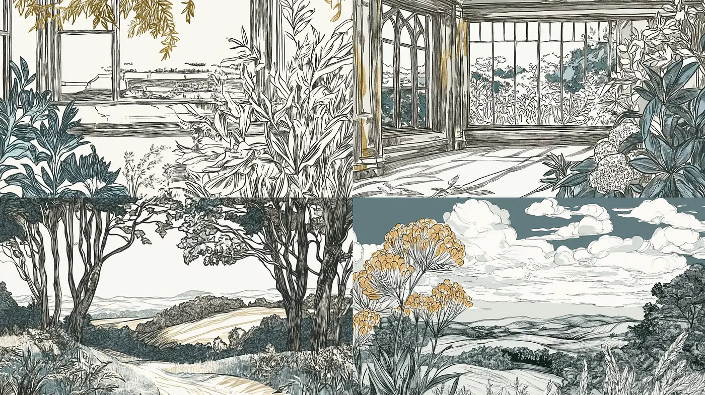 Monochromatic Nature in Detailed Ink Illustration - Midjourney sref style