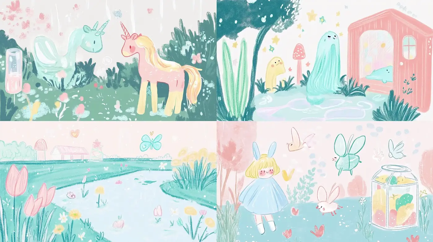 Whimsical Pastel Storybook Illustration Collection - Midjourney sref style