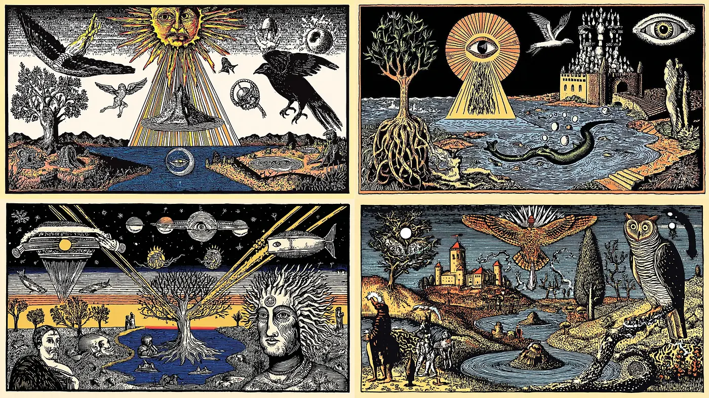 Nature-inspired surreal illustrations with a mystical ambiance - Midjourney sref style