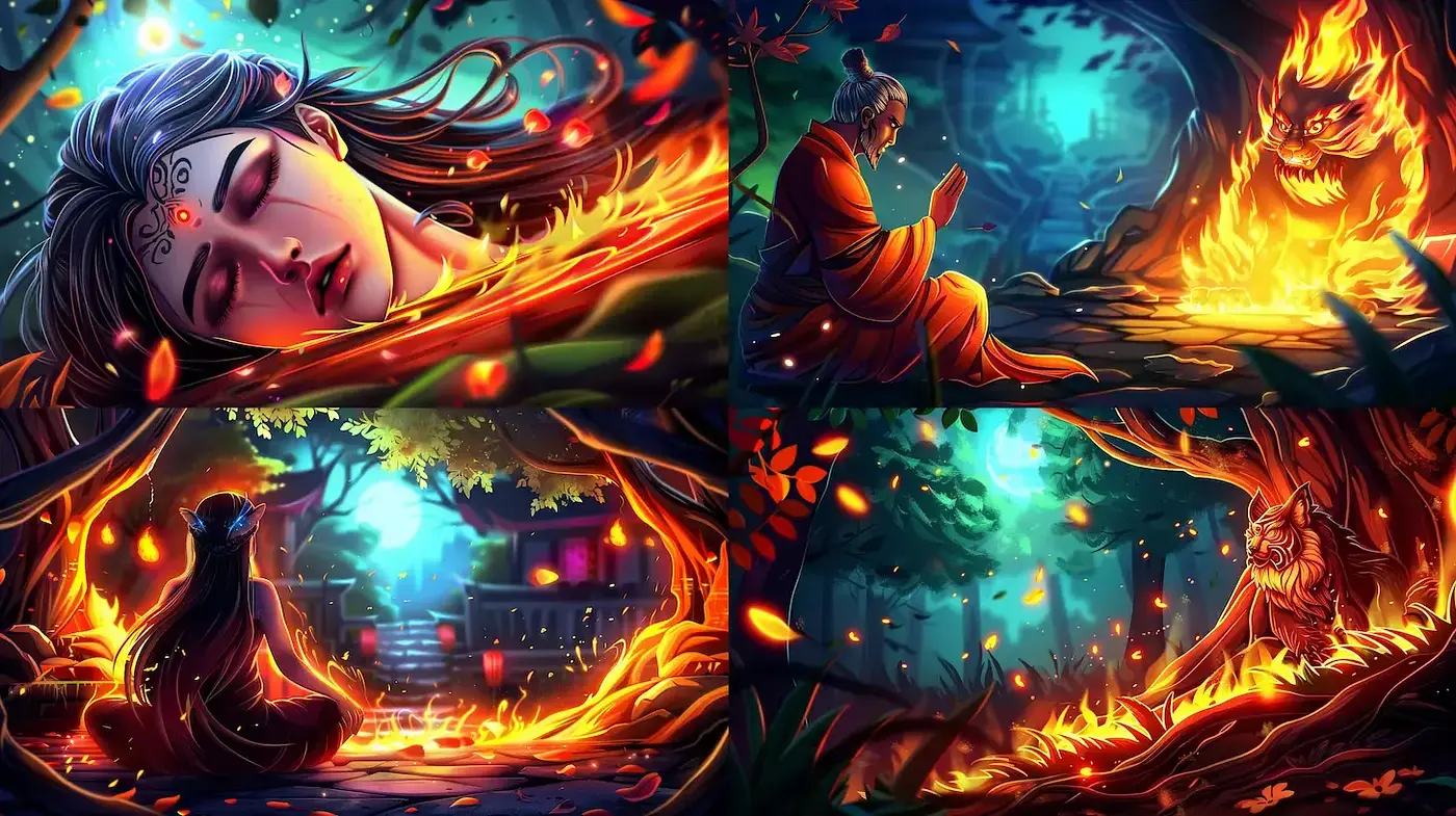 Vibrant and Mystical Illustrations with Ethereal Flames - Midjourney sref style