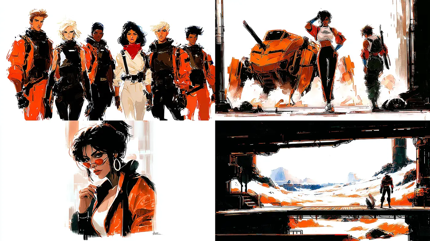 Dynamic and expressive illustrations with a vibrant sci-fi flair - Midjourney sref style