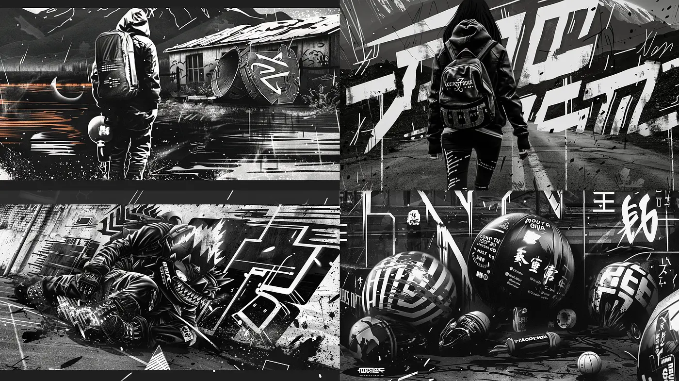 Monochromatic Urban Symphony with Street Art Influence - Midjourney sref style