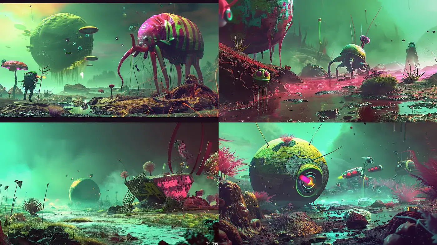 Surreal and Vibrant Alien Landscapes with a Playful Touch - Midjourney sref style