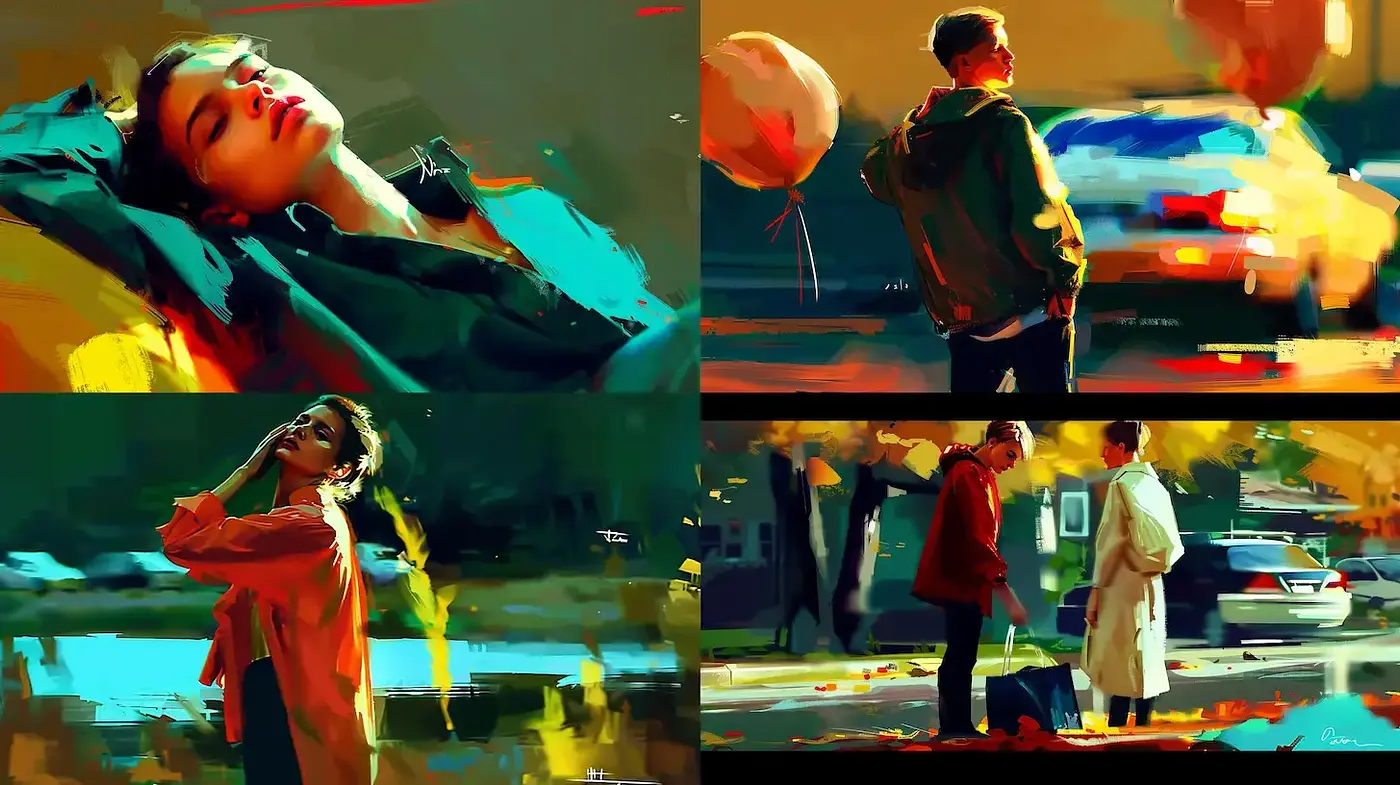 Contemporary Brushwork Vignettes with a Vibrant Expressionist Undertone - Midjourney sref style