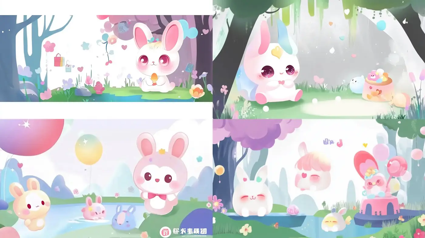 Dreamy Whimsical Pastel Fantasy with Cartoon Rabbits - Midjourney sref style