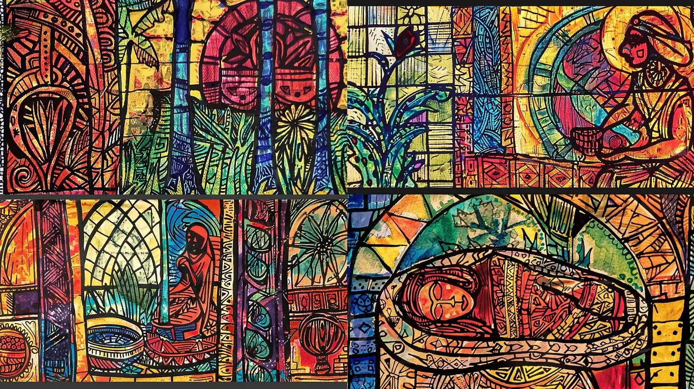 Stained Glass Symphony of Vivid Hues and Energetic Patterns - Midjourney sref style
