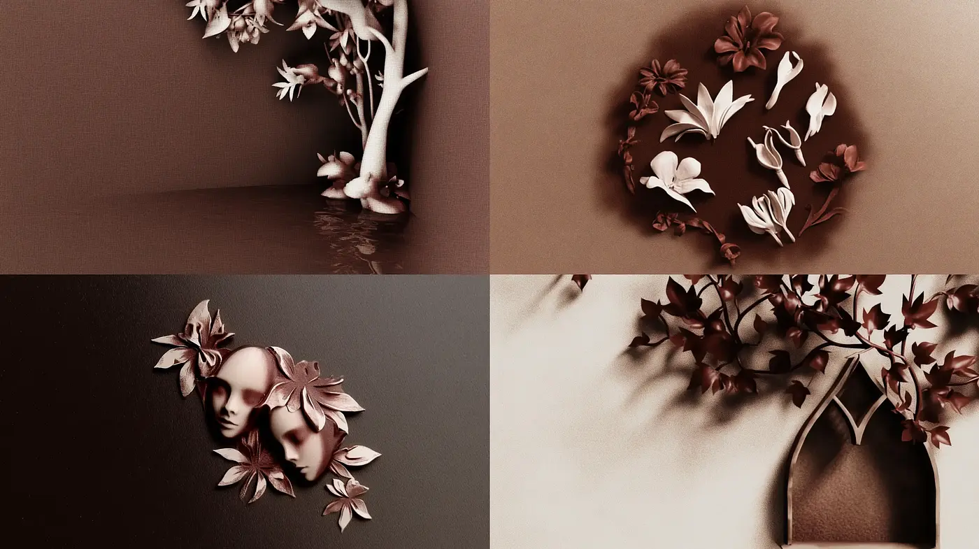 Ethereal Sepia Botanicals: A Tranquil Fusion of Flora and Monochromatic Tones - Midjourney sref style