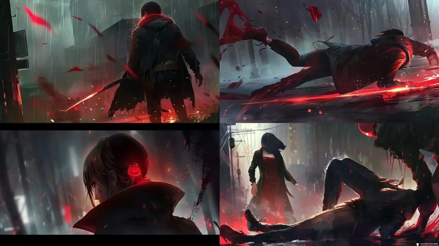 Dystopian Rainstorm: A Stylized Vision of Chaos and Redemption - Midjourney sref style