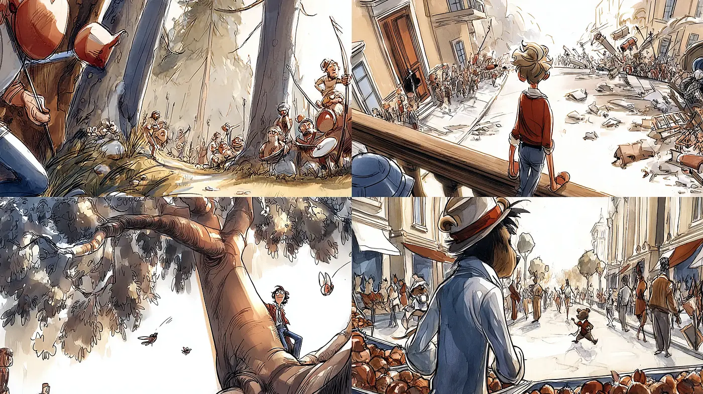 Charming and whimsical narrative scenes with a playful touch - Midjourney sref style