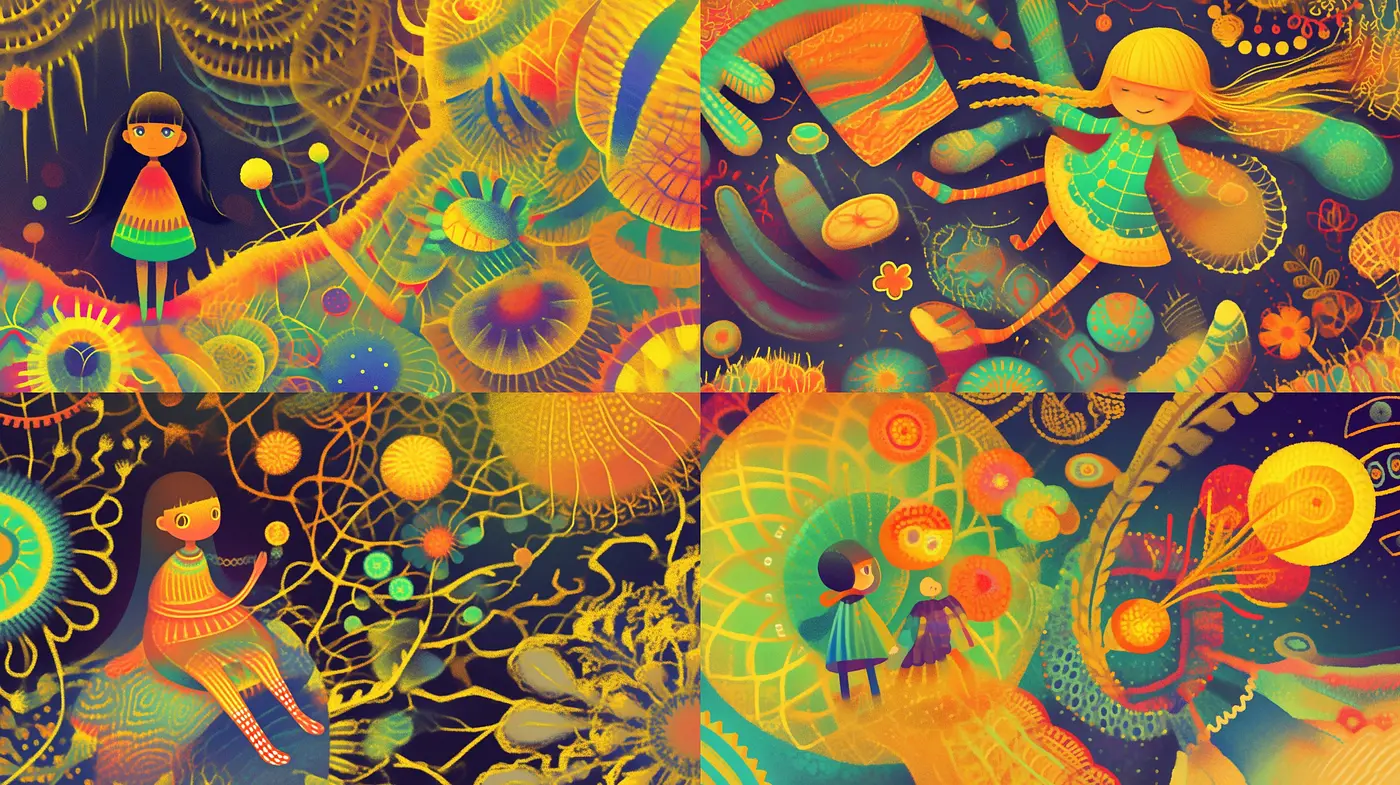 Ethereal Dreamscape Symphony: A Fantastical Fusion of Surrealism and Vibrant Storybook Illustration - Midjourney sref style