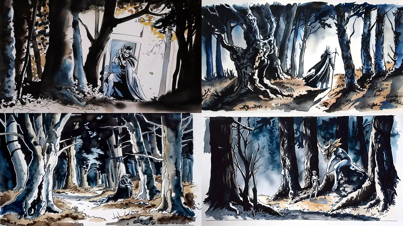 Enigmatic Twilight Forests in Watercolor Wash - Midjourney sref style