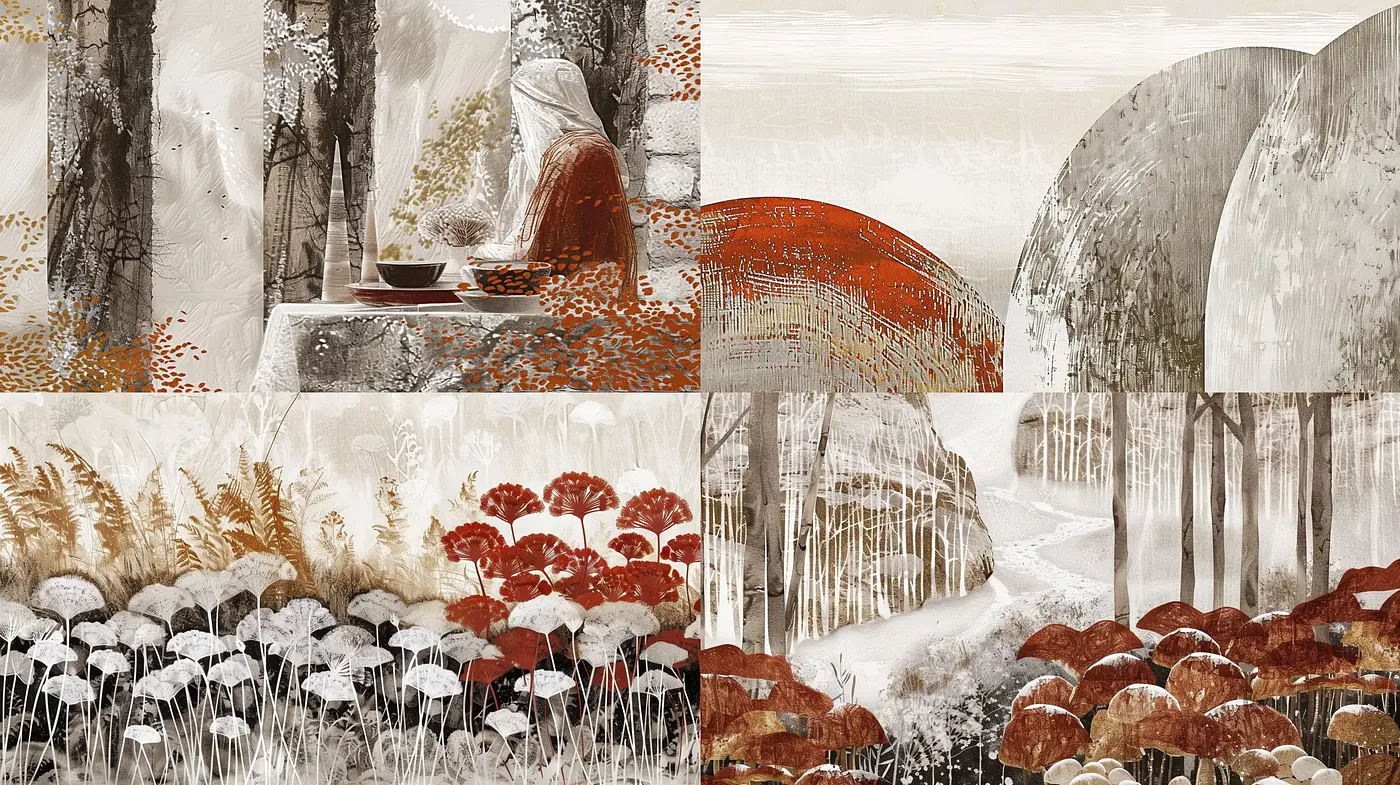 Autumnal Serenity in Sepia Tones: A Textured Expressionist Homage - Midjourney sref style
