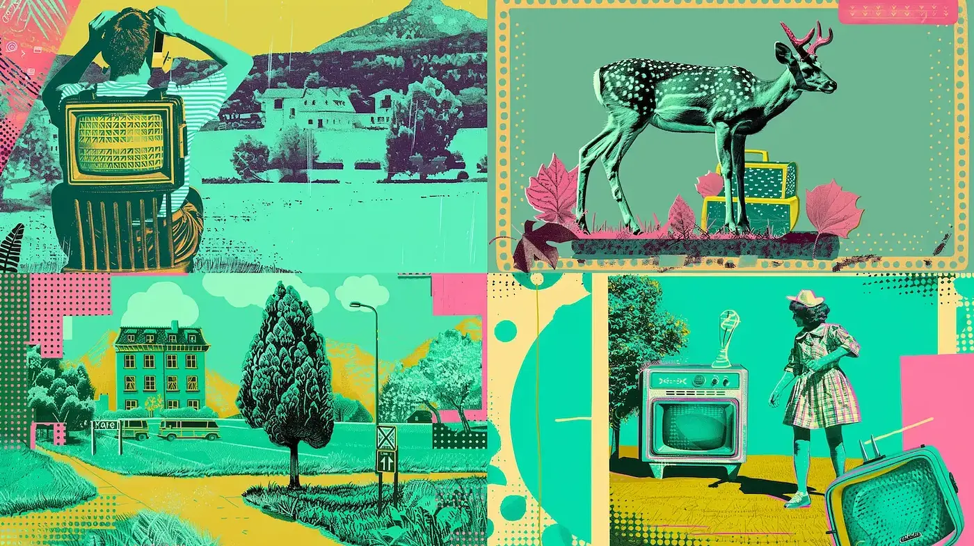 Retro-futuristic Collage with Vibrant Pastoral Elements - Midjourney sref style