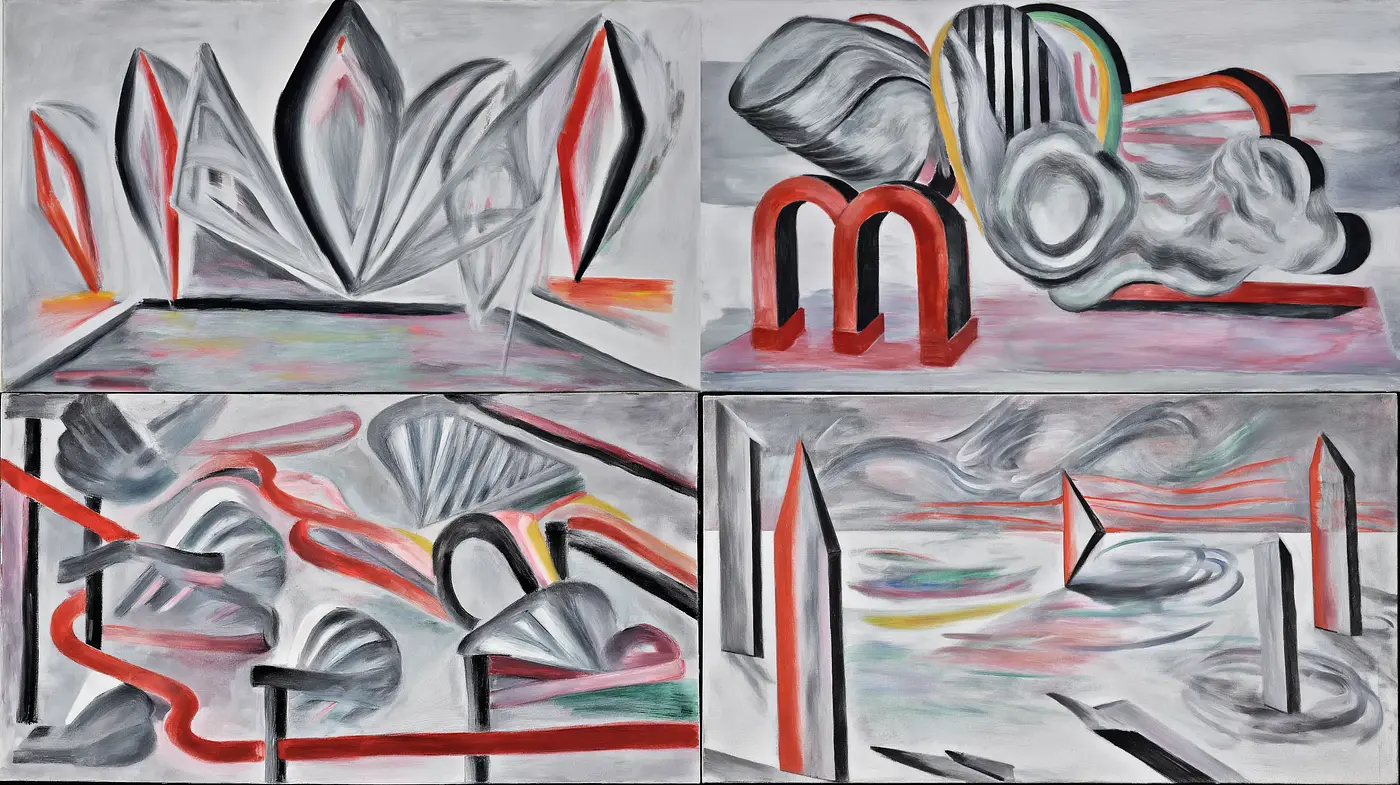 Abstract exploration of modern geometric forms with a surreal touch - Midjourney sref style