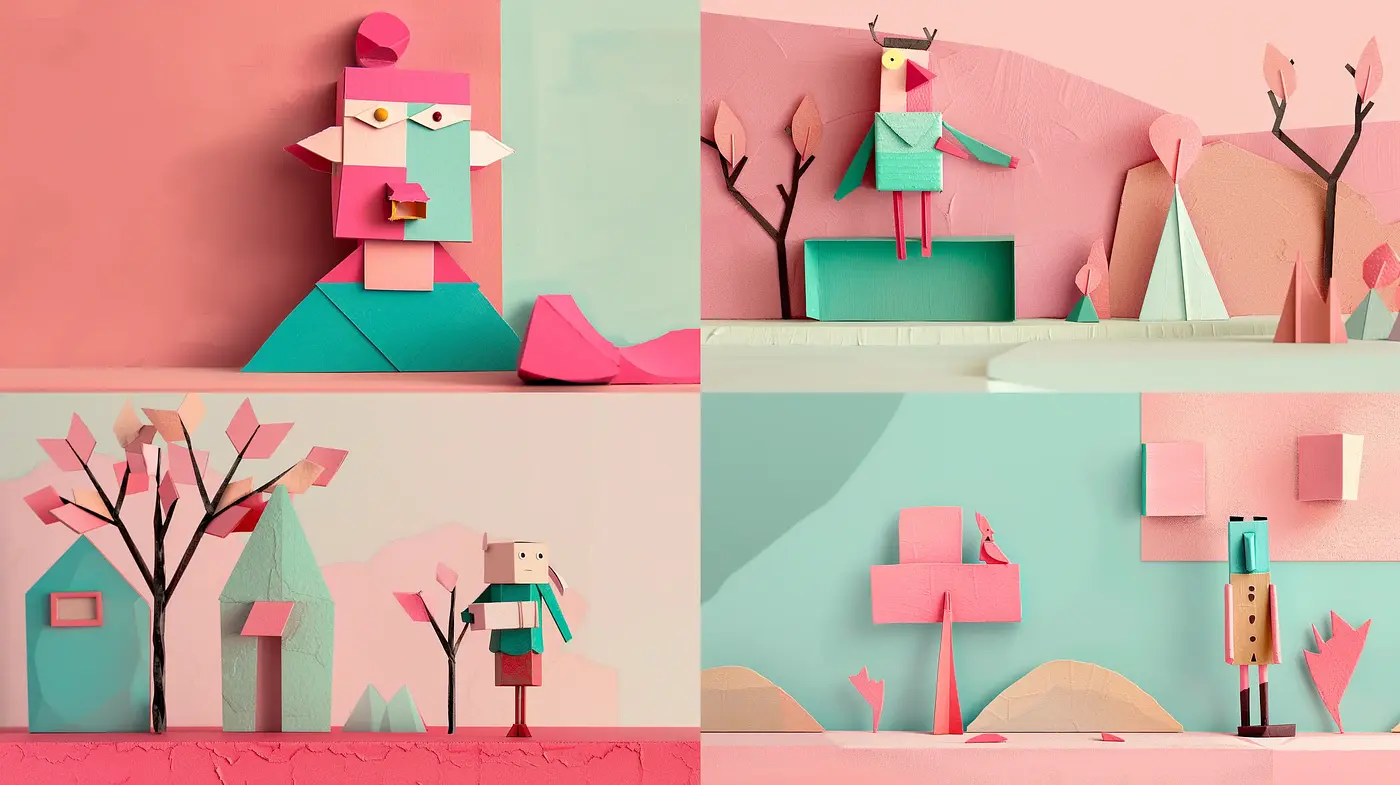 Geometric Pastel Dreamscape with Consistent Character Design - Midjourney sref style