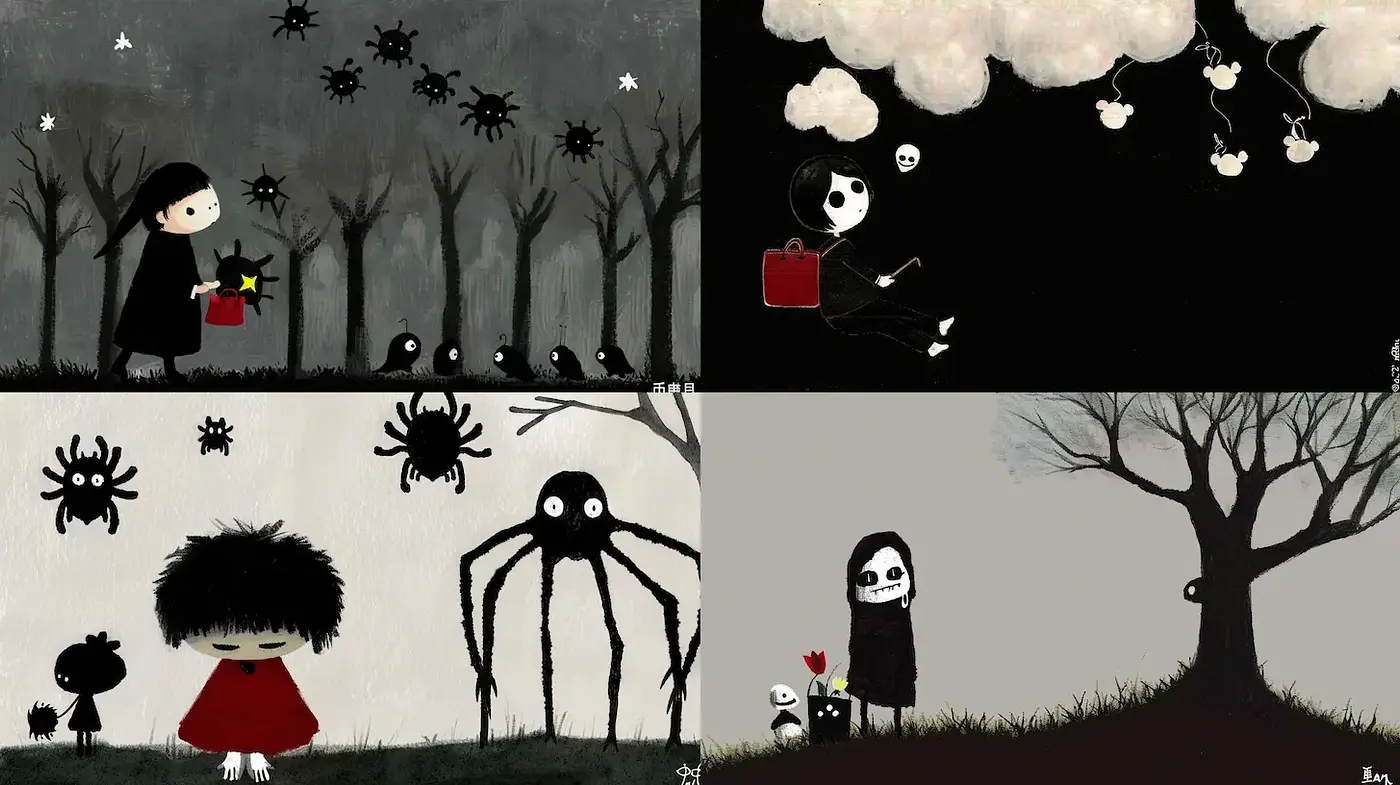 Darkly whimsical and playful illustration style with a hint of gothic charm - Midjourney sref style