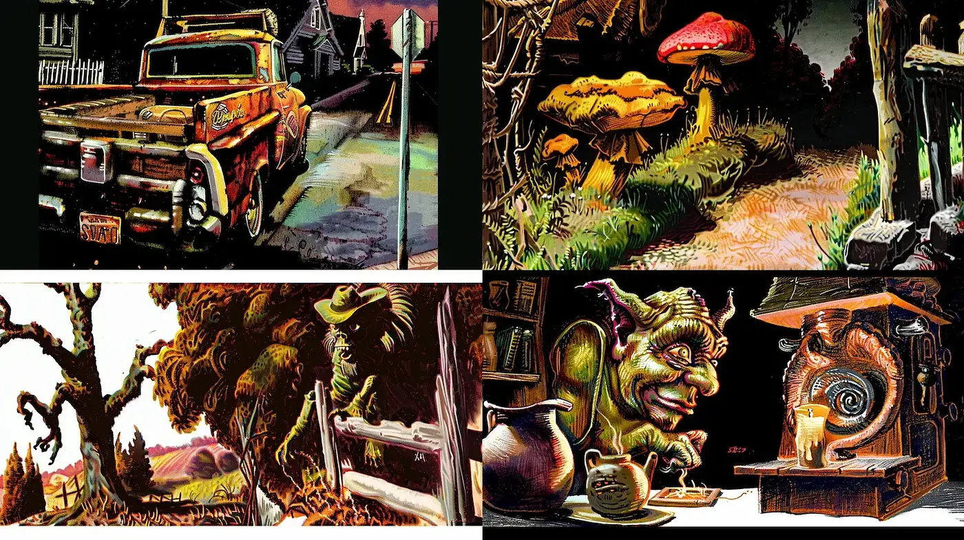 Whimsical, Illustrative Style with a Touch of Surrealism and Retro Charm - Midjourney sref style