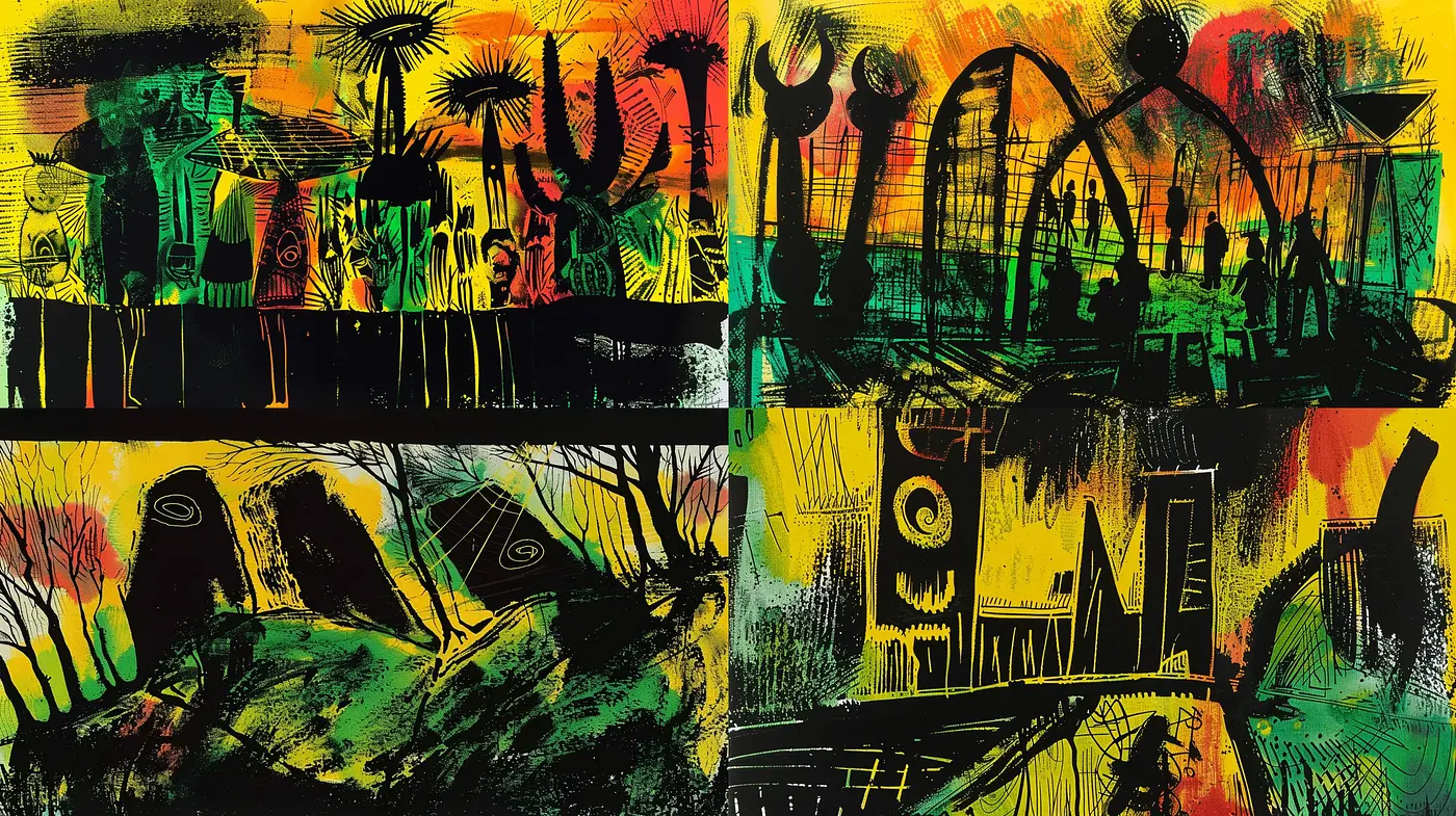 Abstract Expressionist Fusion with Vibrant and Energetic Overtones - Midjourney sref style