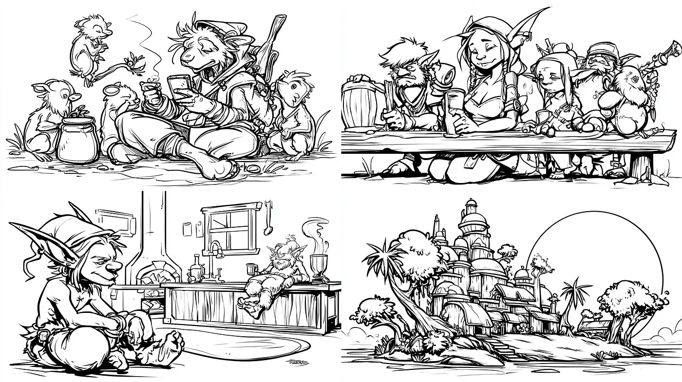 Quirky and Playful Fantasy Line Art with Cartoon Elements - Midjourney sref style