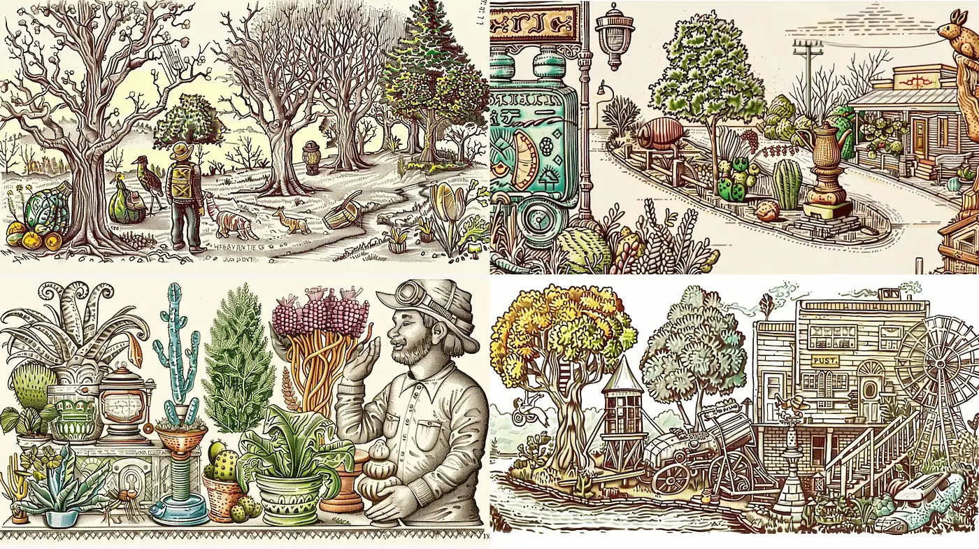 Intricate Illustrations with a Vintage Botanical Theme and Whimsical Elements - Midjourney sref style