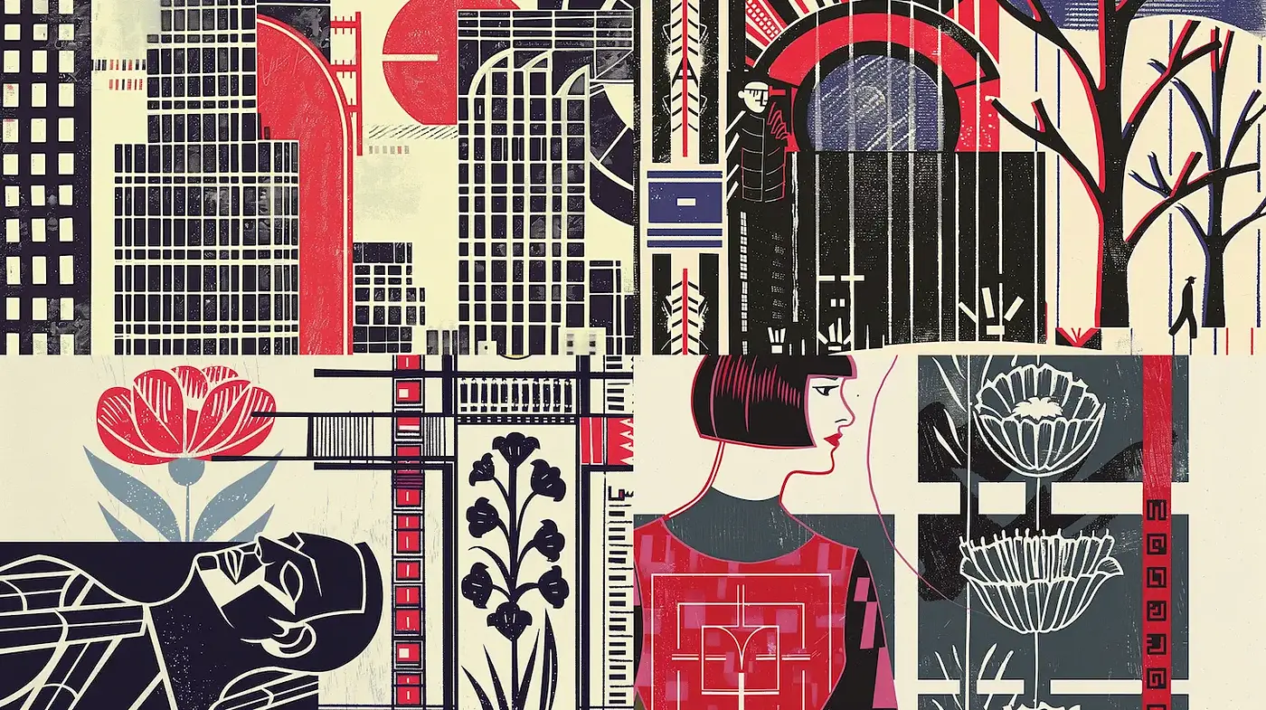 Dynamic illustration blending modernist and vintage aesthetics with intricate designs - Midjourney sref style