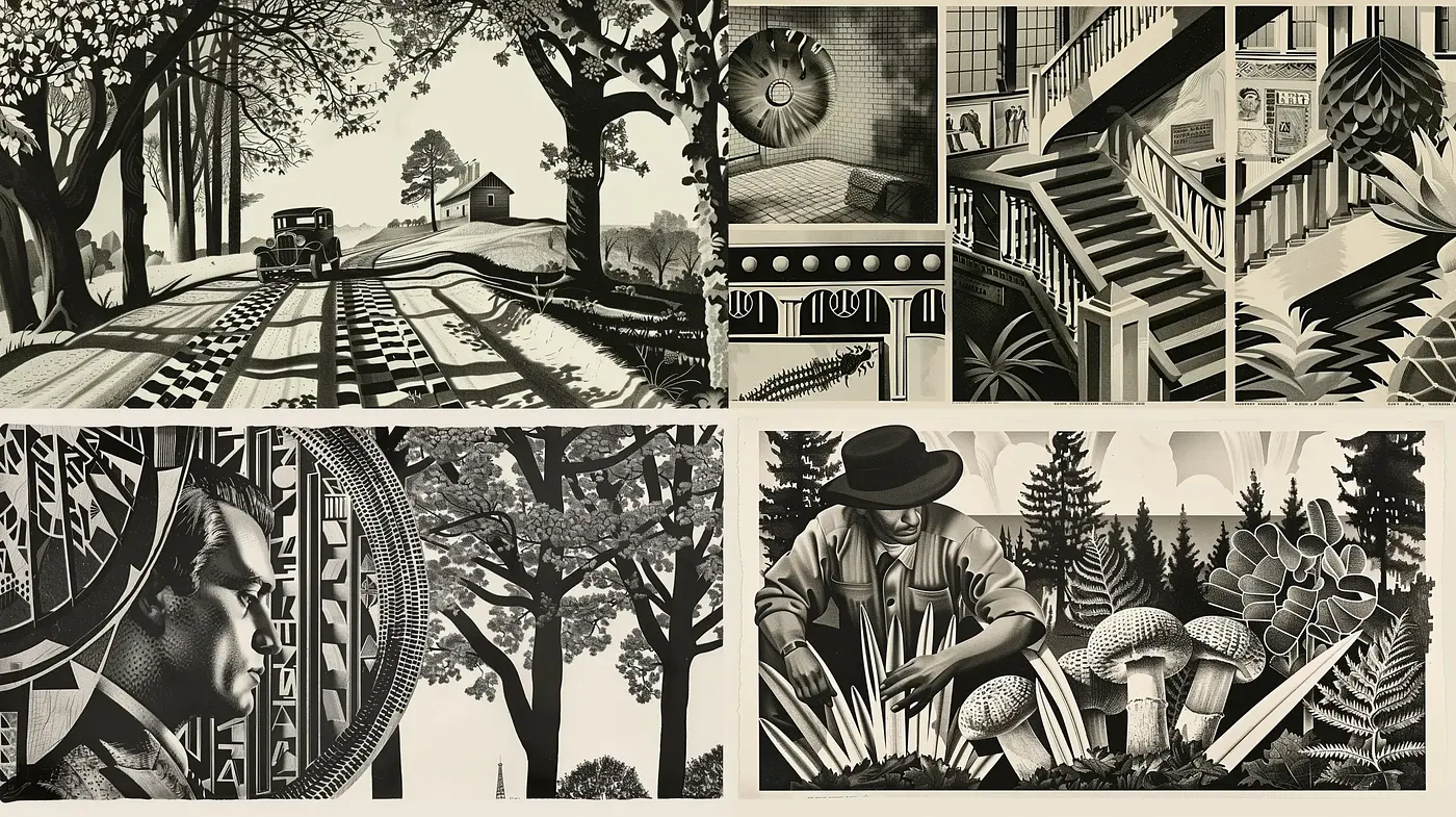 Monochromatic Retro-Futurism Vignettes - Midjourney sref style