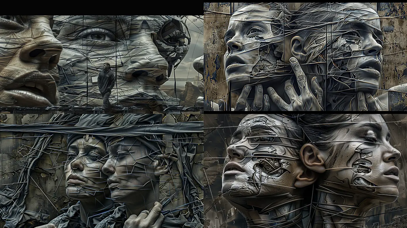 Dystopian Echoes: A Fragmented Reality in Aged Sepia Tones - Midjourney sref style