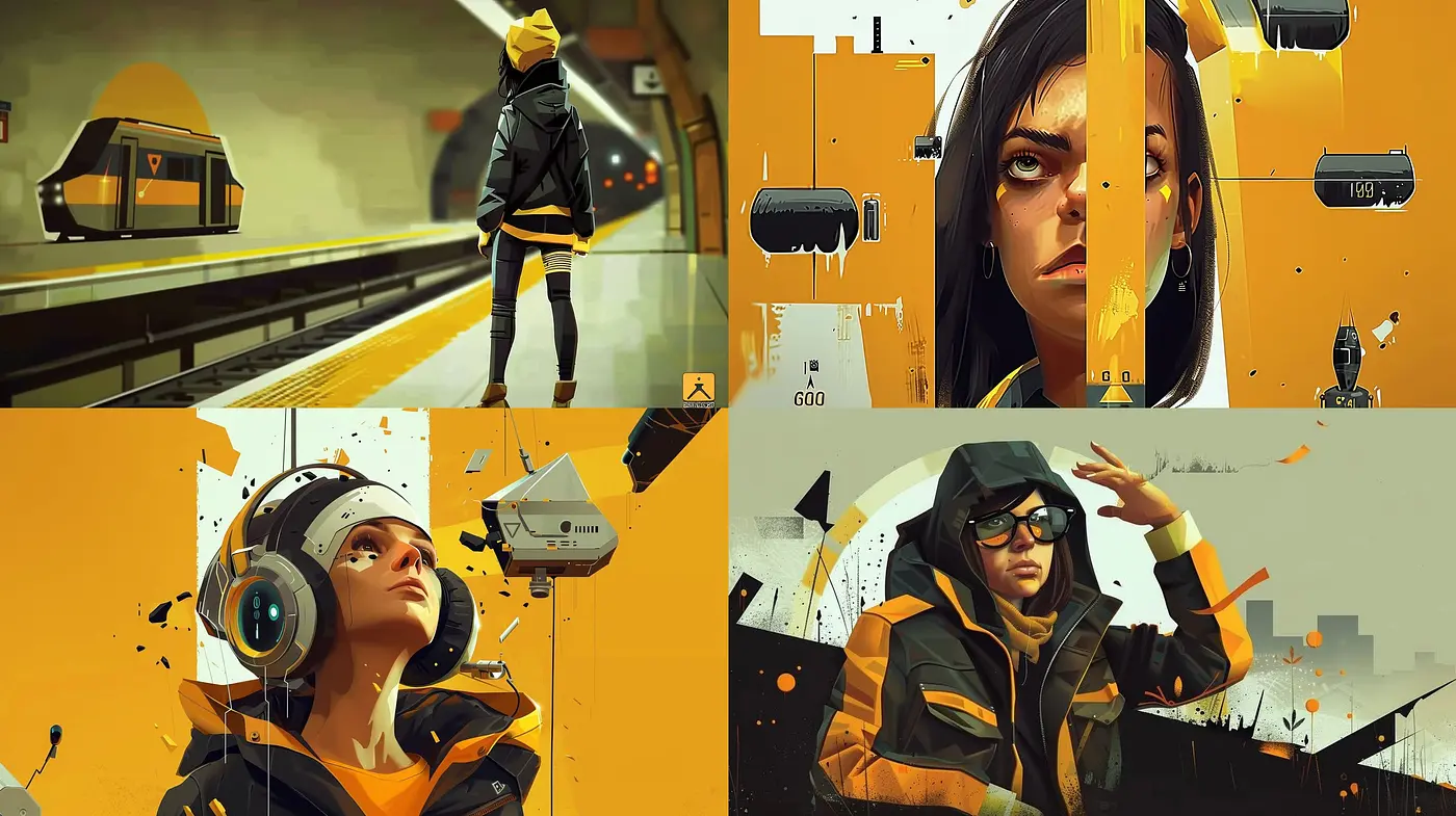 Futuristic Urban Ochre: A Study of Consistent Stylized Elements in Visual Narratives - Midjourney sref style