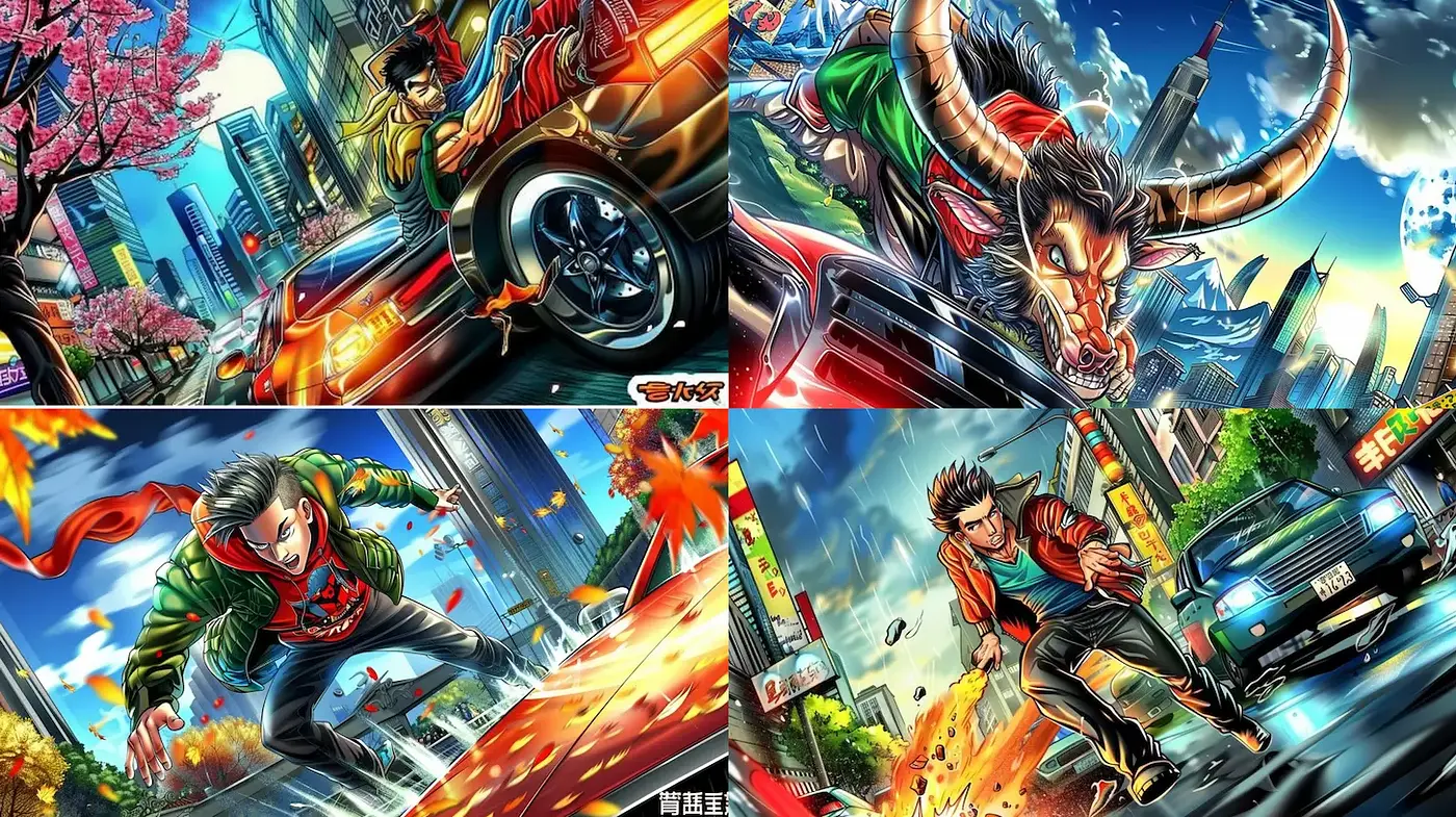 Dynamic Urban Action with Vibrant Colors and Expressive Characters - Midjourney sref style