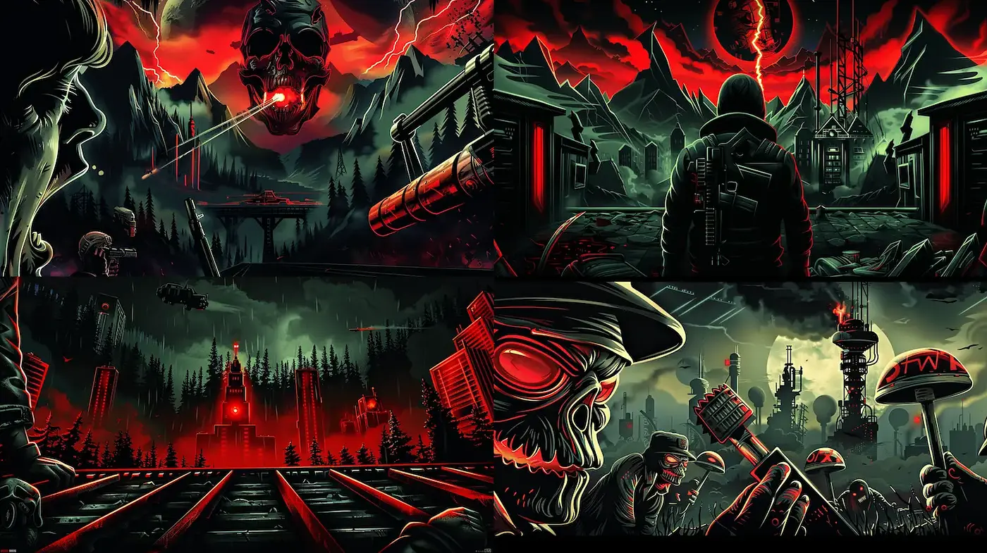 Dark, dystopian landscapes with striking contrasts - Midjourney sref style
