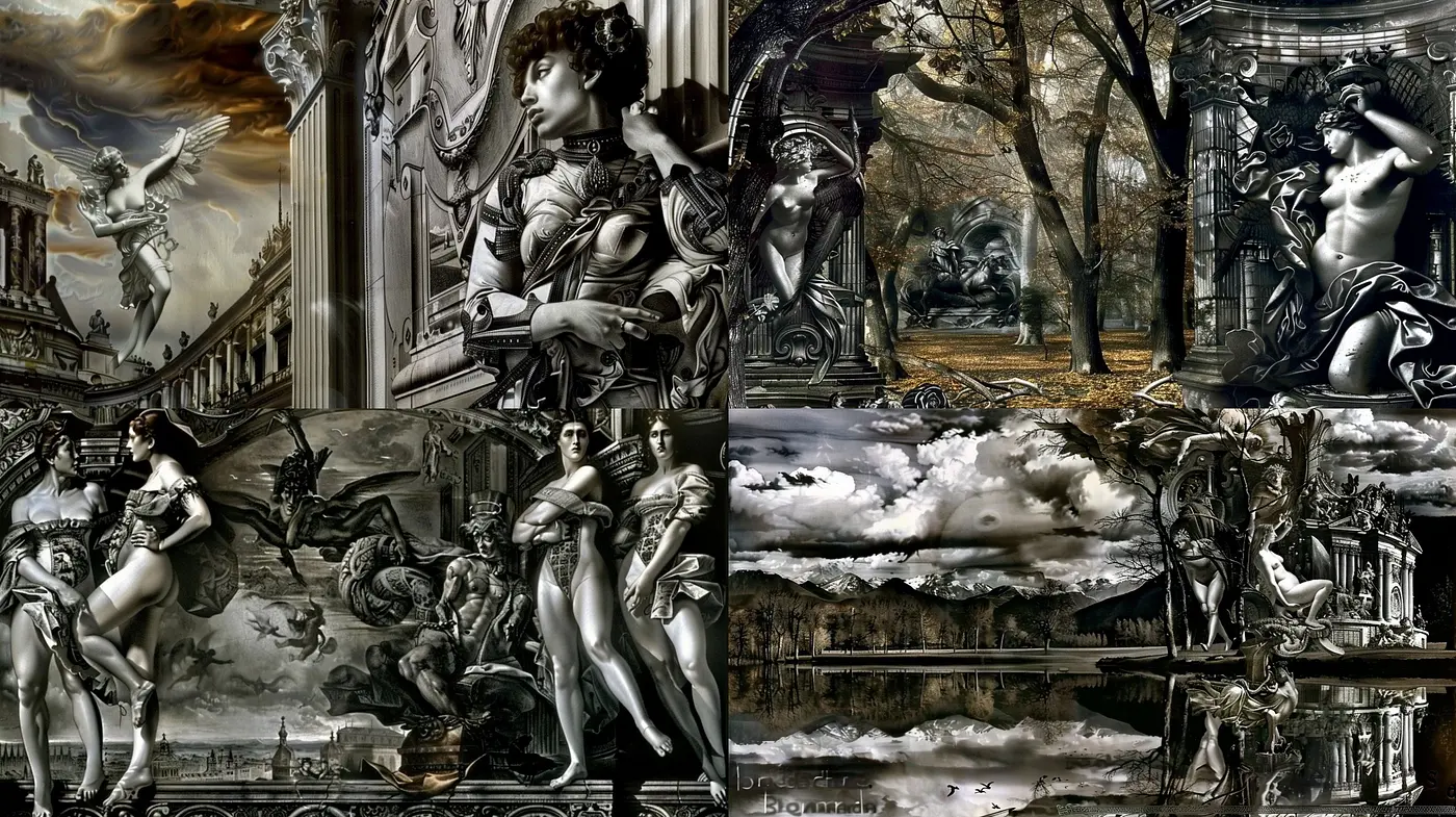Monochromatic Mythos: A Fusion of Sculptural Grace and Gothic Melancholy - Midjourney sref style