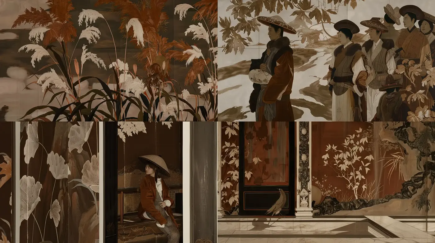 Sepia-toned Botanical Elegance with Rococo Fashion - Midjourney sref style