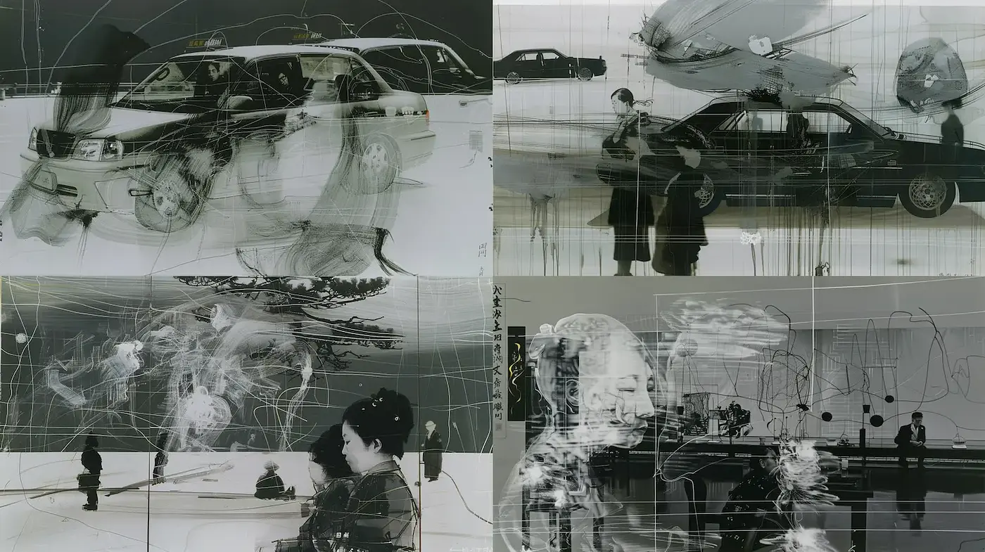Dynamic and Ethereal Urban Scenes with Abstract Elements - Midjourney sref style