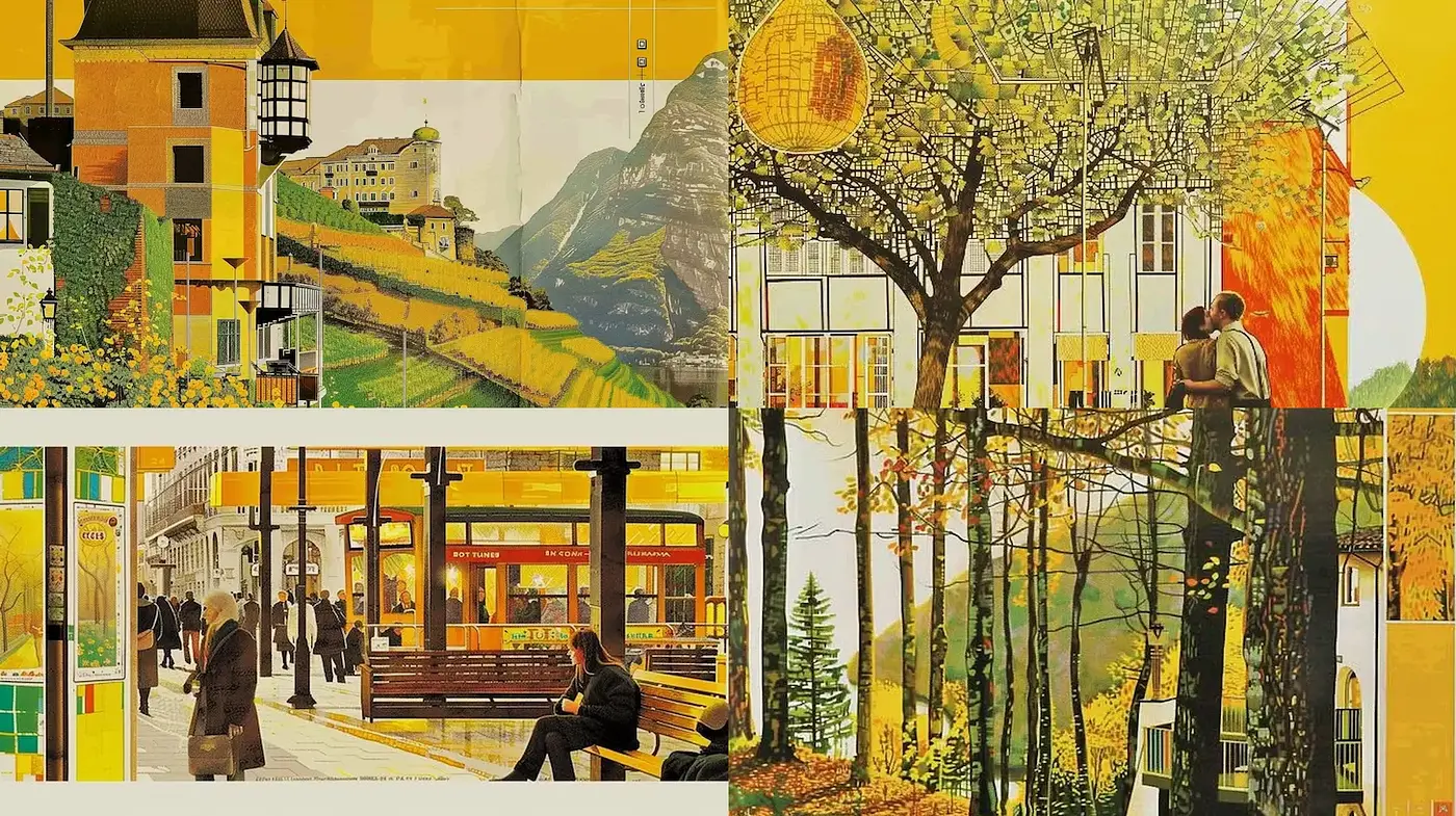 Whimsical Montage with Warm Autumnal Aesthetic and Architectural Elements - Midjourney sref style