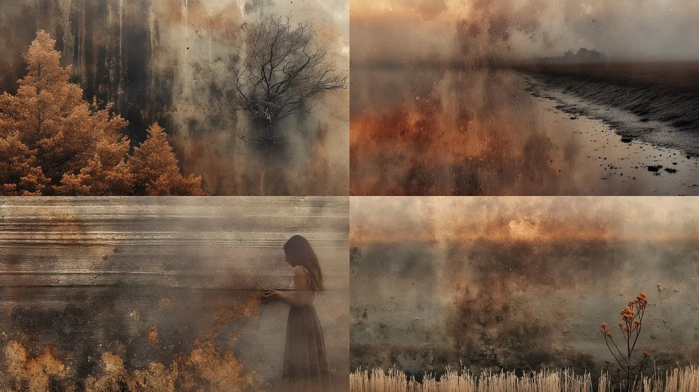 Ethereal Sepia Tones and Textured Impressions: A Symbiosis of Nature and Emotion - Midjourney sref style