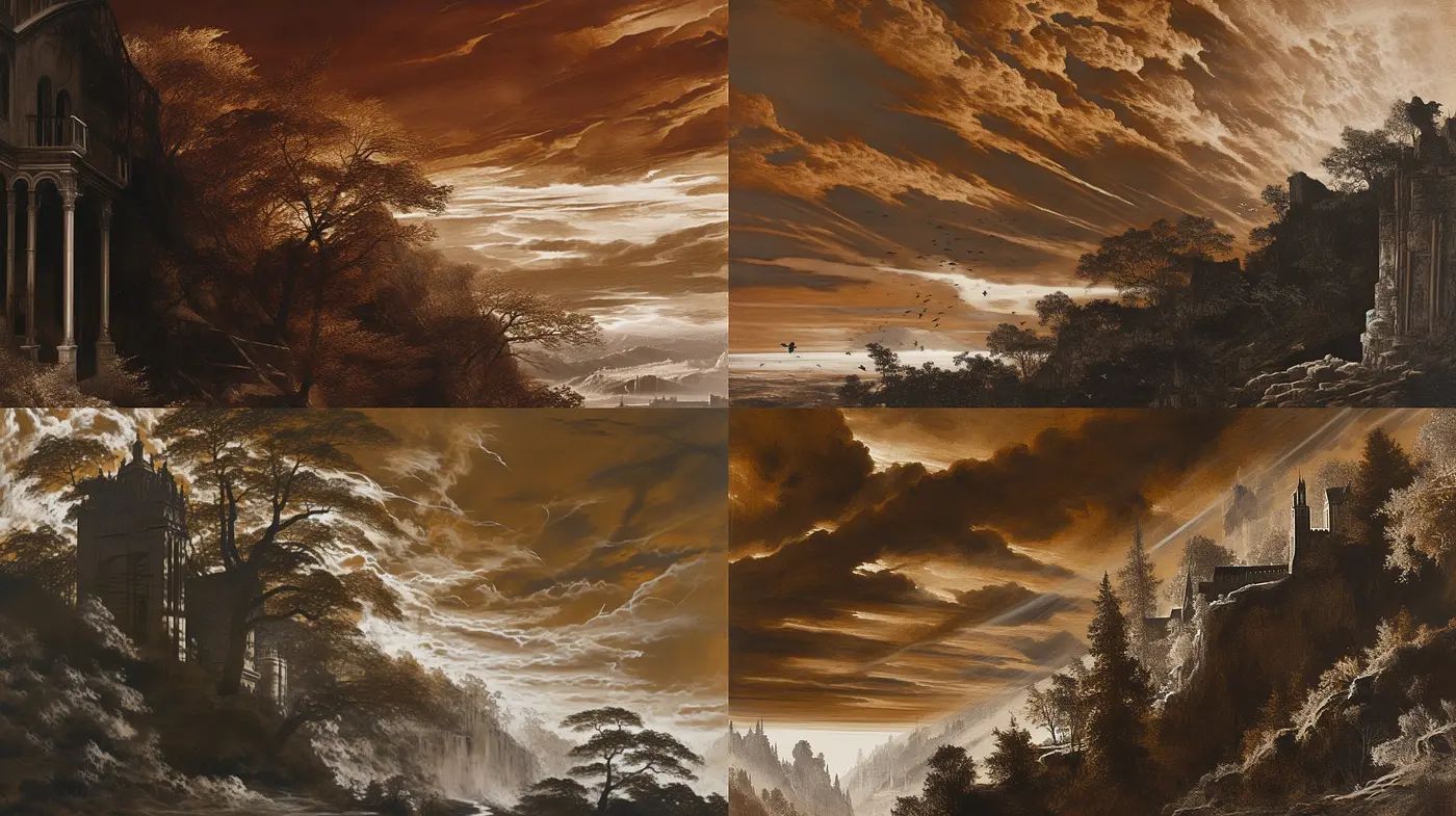 Consistent Sepia-Toned Romanticism in Atmospheric Landscape Scenes - Midjourney sref style