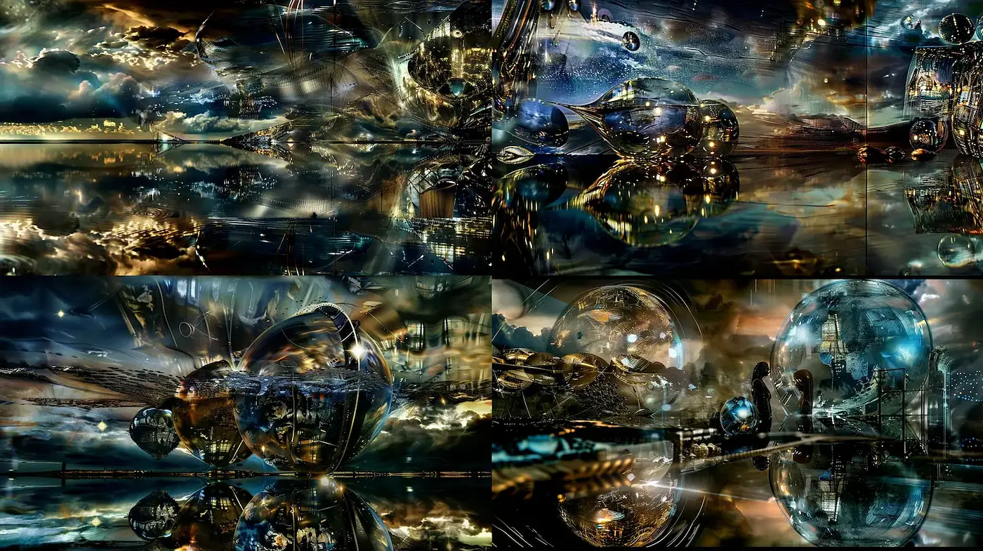 Futuristic and Dreamlike Sci-Fi Landscapes with Reflective Textures - Midjourney sref style