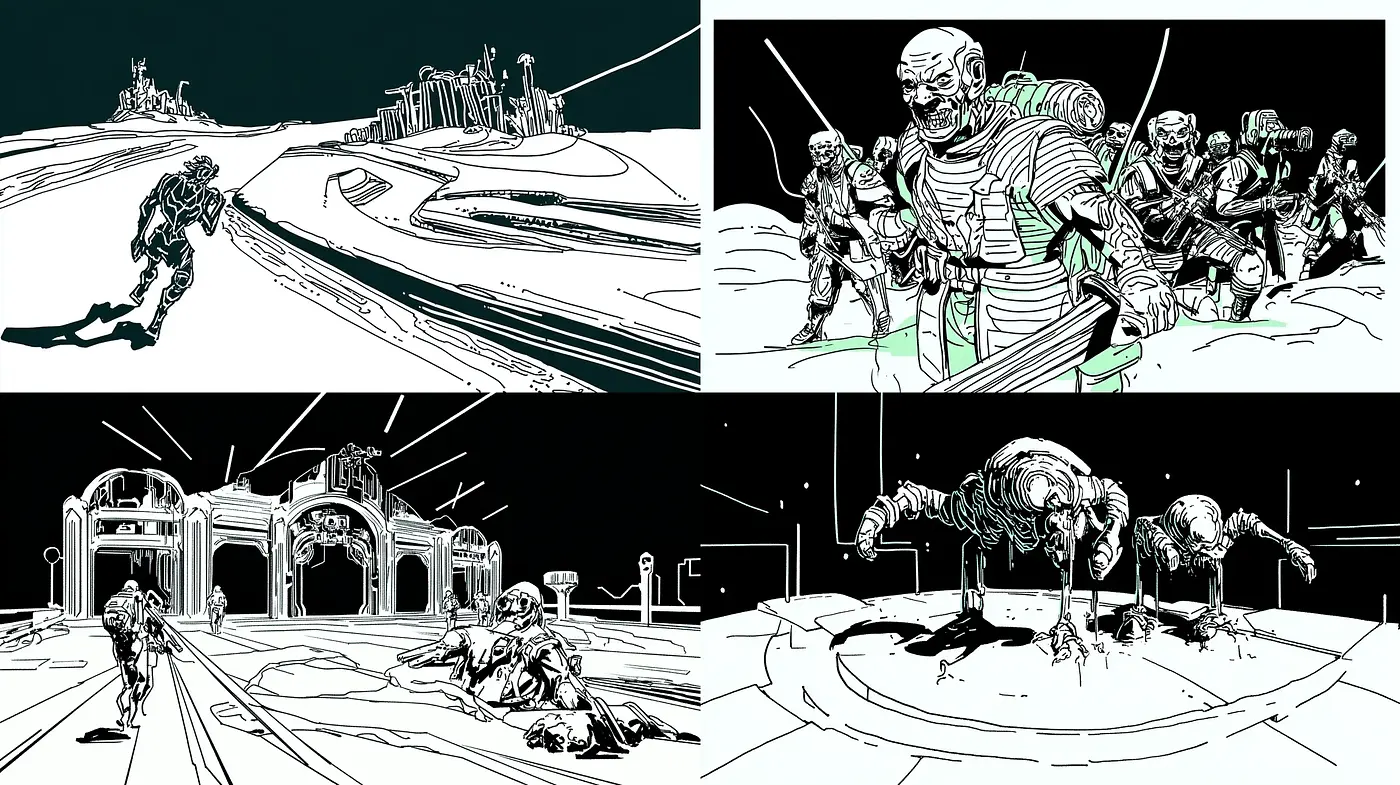 Monochromatic Futuristic Visions in Graphic Novel Illustration - Midjourney sref style