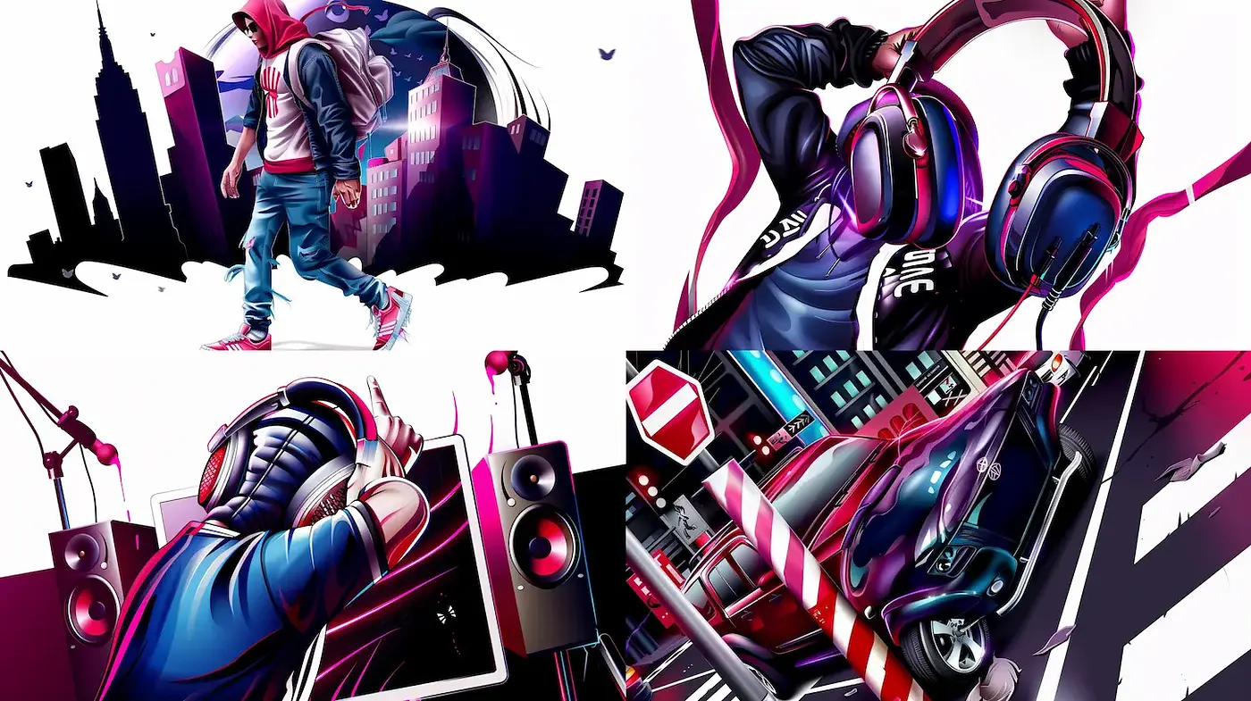 Dynamic Urban Cyberpunk Vibe with Vibrant Illustrative Elements - Midjourney sref style