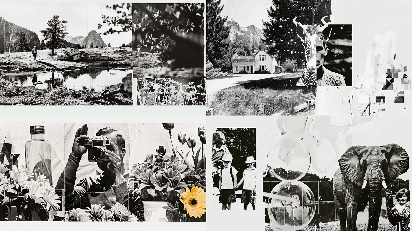 Monochromatic Montage: A Fusion of Vintage Photography and Surreal Collage Techniques - Midjourney sref style