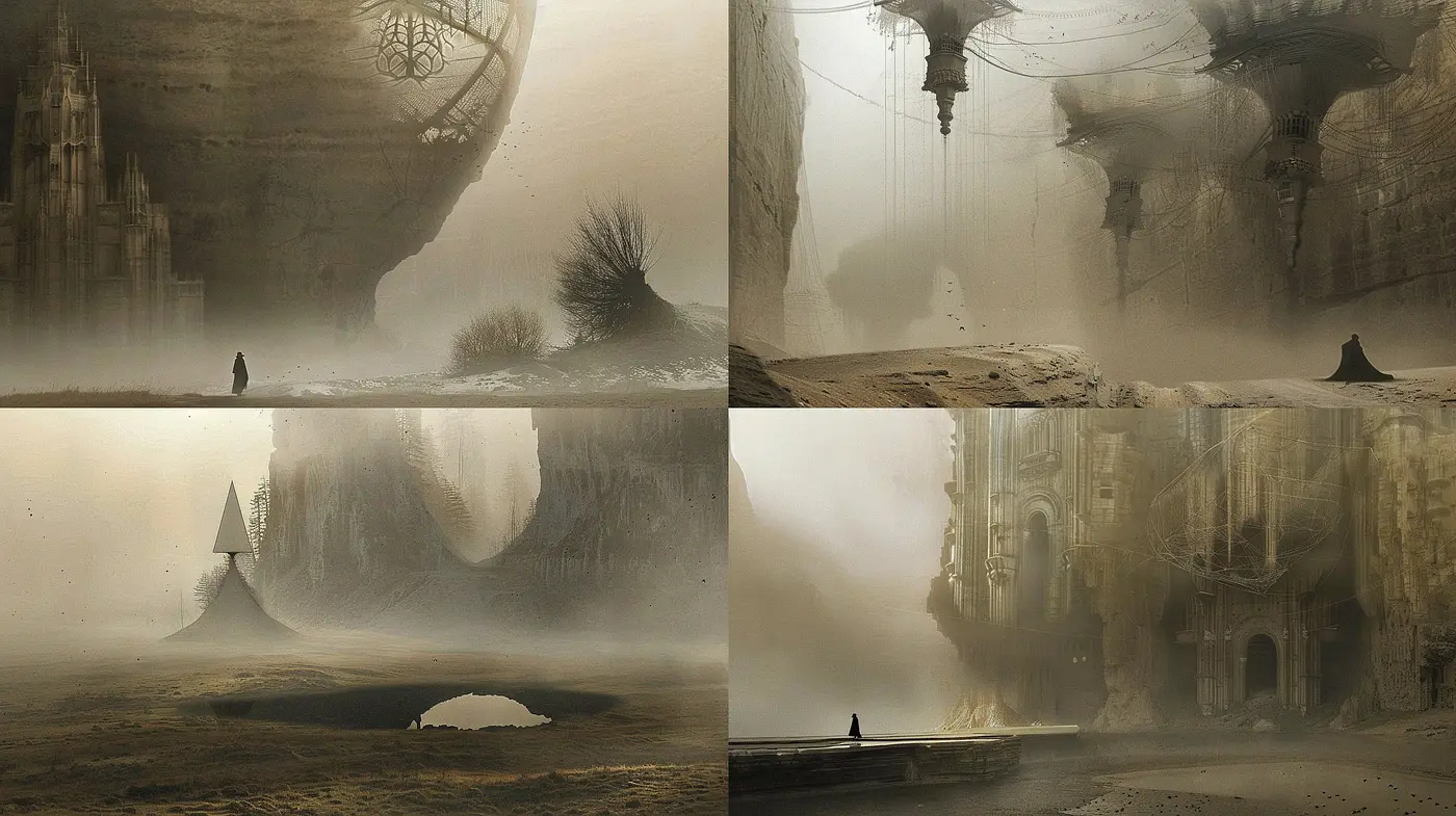 Ethereal Dreamscape Echoes: A Consistent Vision Through Sepia Tones and Surrealism - Midjourney sref style