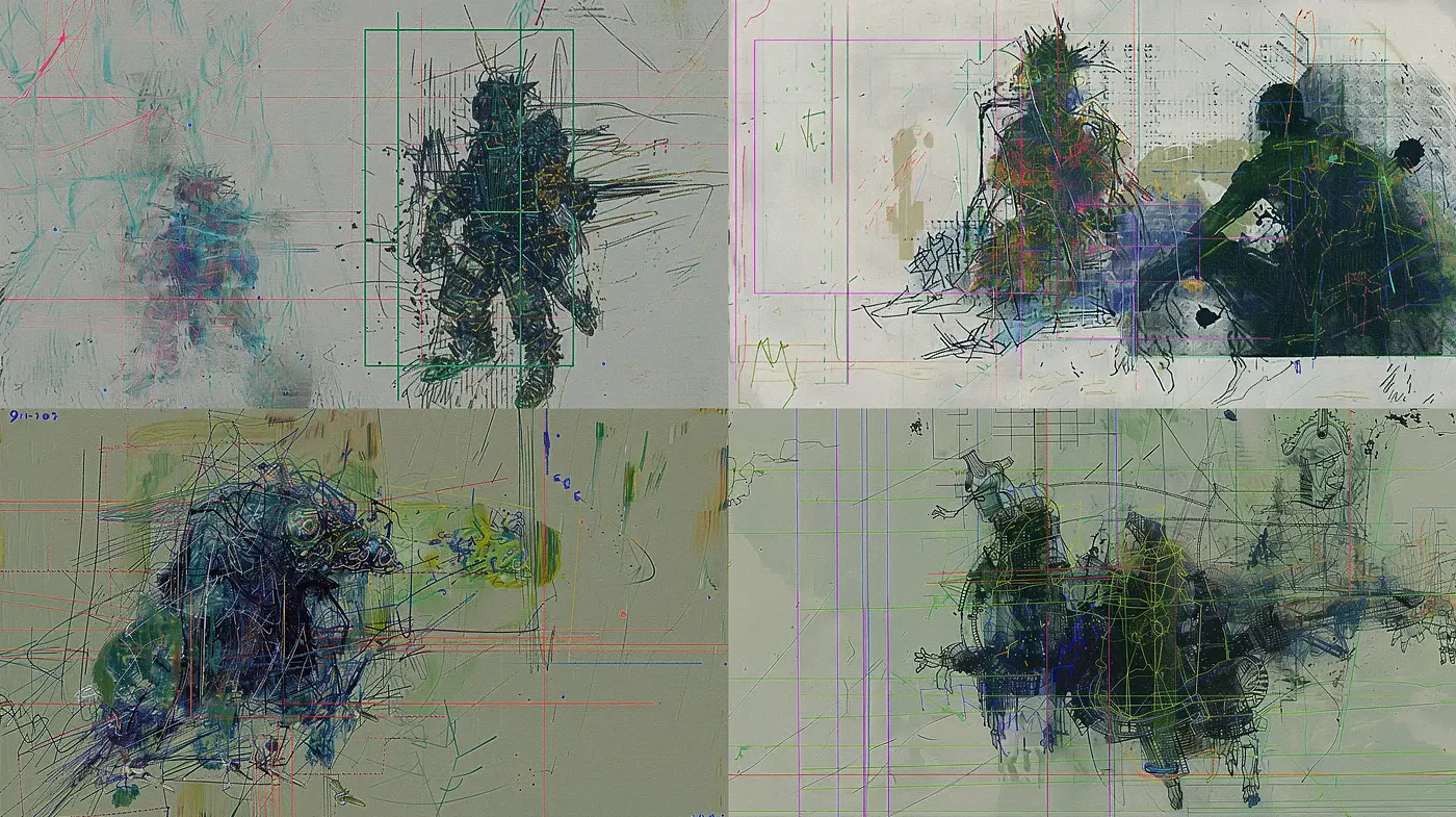 Abstract Synthesis of Chaotic Textures and Overlaid Grids - Midjourney sref style